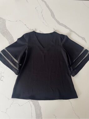 Small Women's Black V-Neck Top with Sheer Accented Bell Sleeves